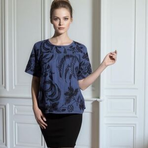 🍒 MADEWELL Blue black Embroidered Short sleeve Botanical Top Blouse size Small